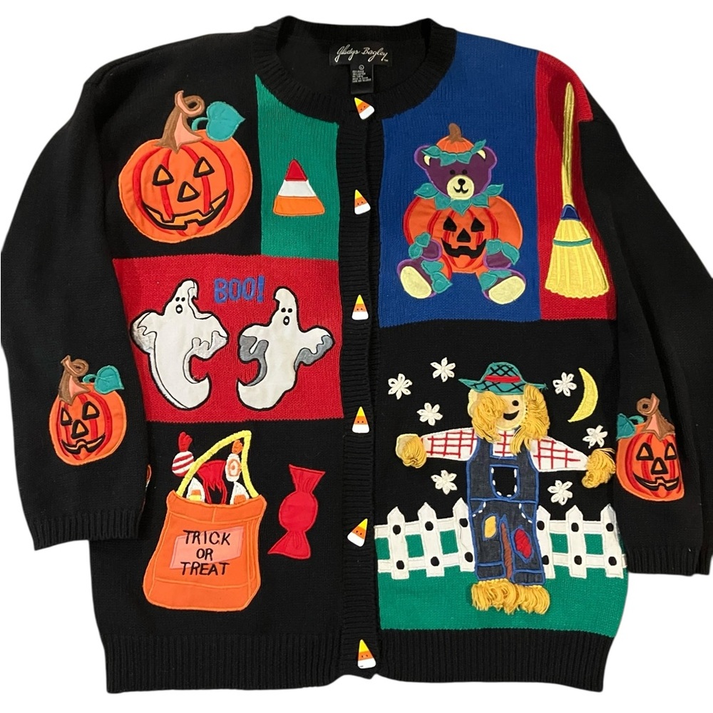 VTG Gladys Bagley Womens Halloween Cardigan Size L Black Novelty Retro Patchwork